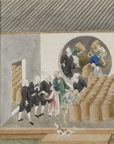 Geturband VOC-handelaren ruiken thee voor kwaliteit in een theepakhuis in Kanton, c.1770 door Chinese School